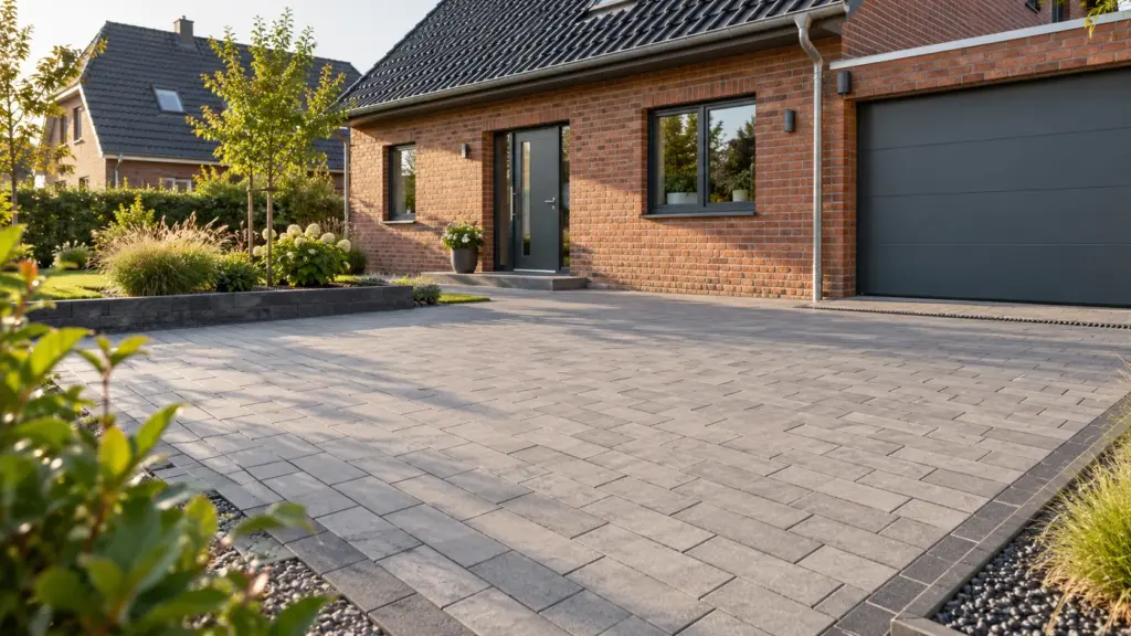 Einfahrt mit hellgrauem Betonpflaster vor einem modernen Klinkerhaus.“